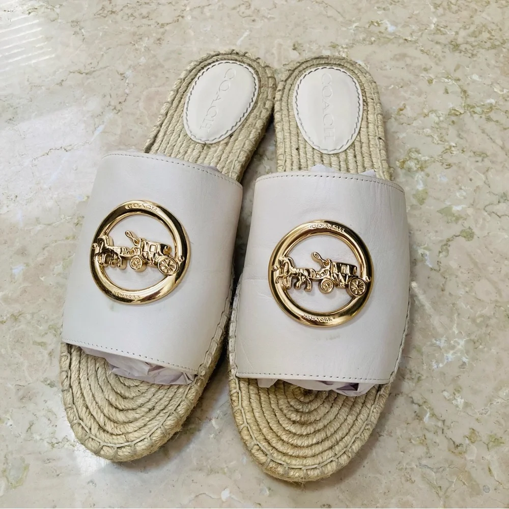 Coach White Leather Espadrille Slide Sandals with Gold Logo